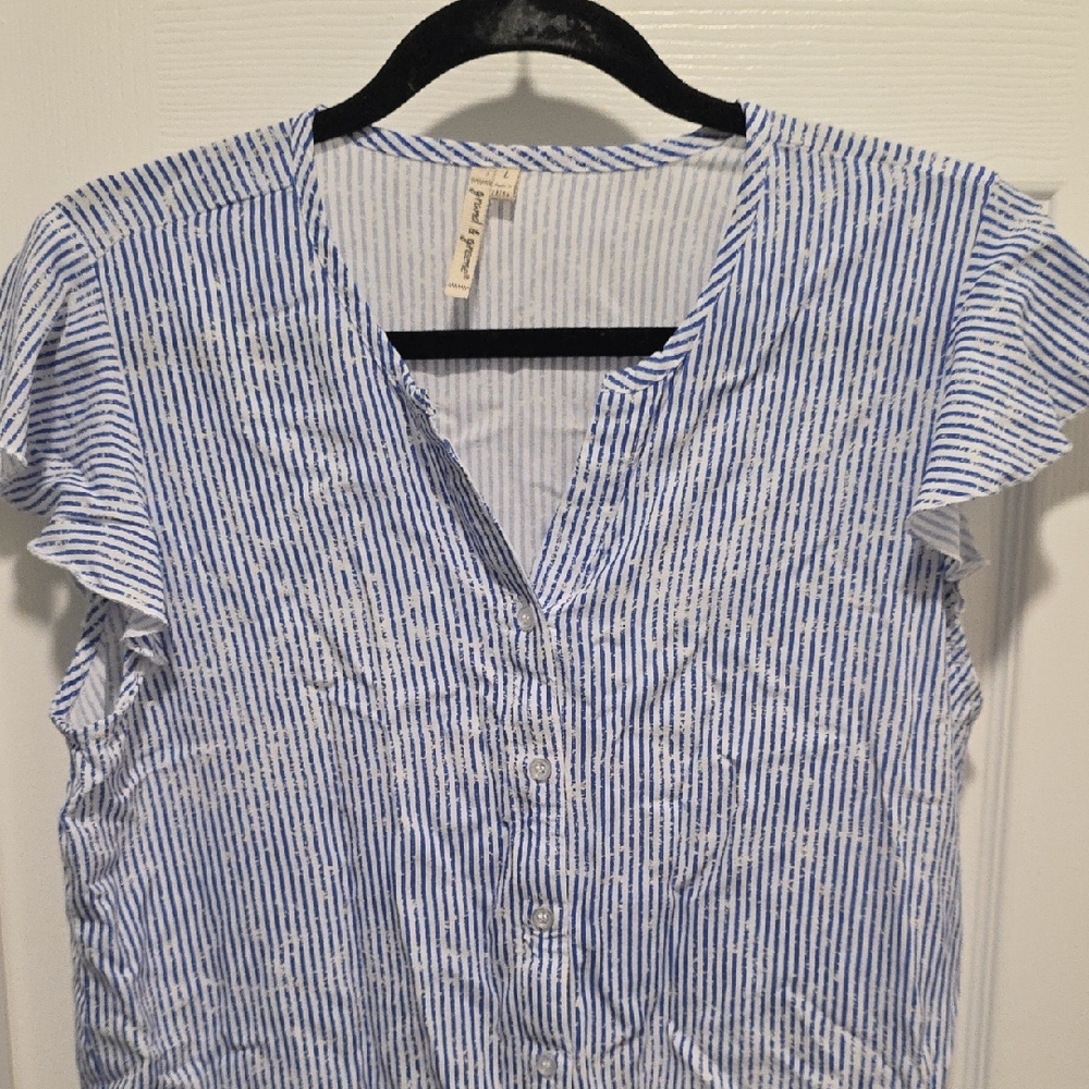 Grand & Greene, Blue and White Stripe Flutter Sleeve Button Down Shirt - Picture 5 of 13
